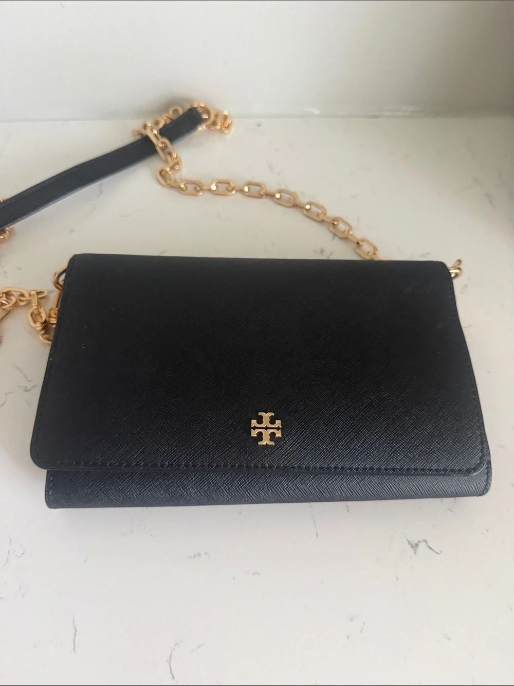 Tory Burch Black Leather Crossbody with Gold Chain